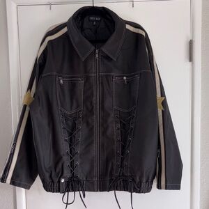 #DK327-NWOT Dolls Kill Current Mood Faux Leather Brown Jacket w-star-stripe-1X